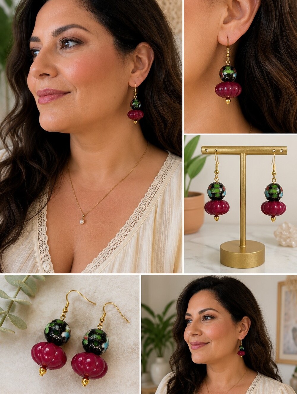 Vintage Cloisonné Bead & Pumpkin or Melon Glass or Stone Dangle Hook Earrings
